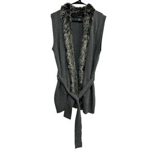 Questions Gray Faux Fur Trim Open Front Belted Sweater Vest Sz XL